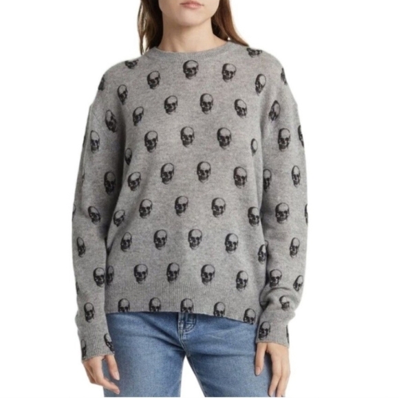 Skull Cashmere Taliah print 100% Cashmere Crewneck Grey Sweater Size XS - Picture 1 of 8